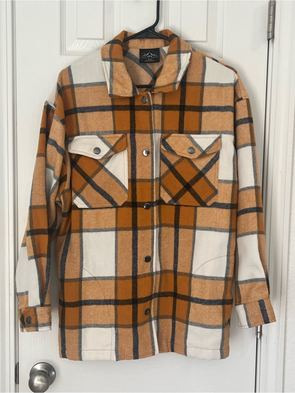 Plaid Button-Up Shacket in Camel and Cream